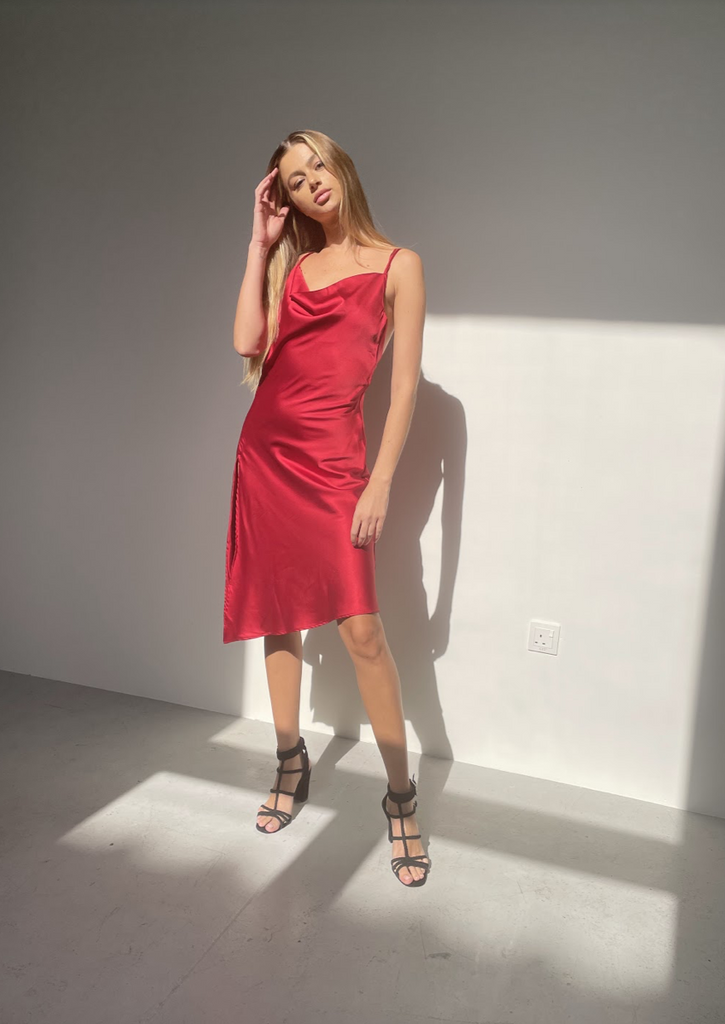 Slip-Me-On - Ruby Red Satin Midi Dress